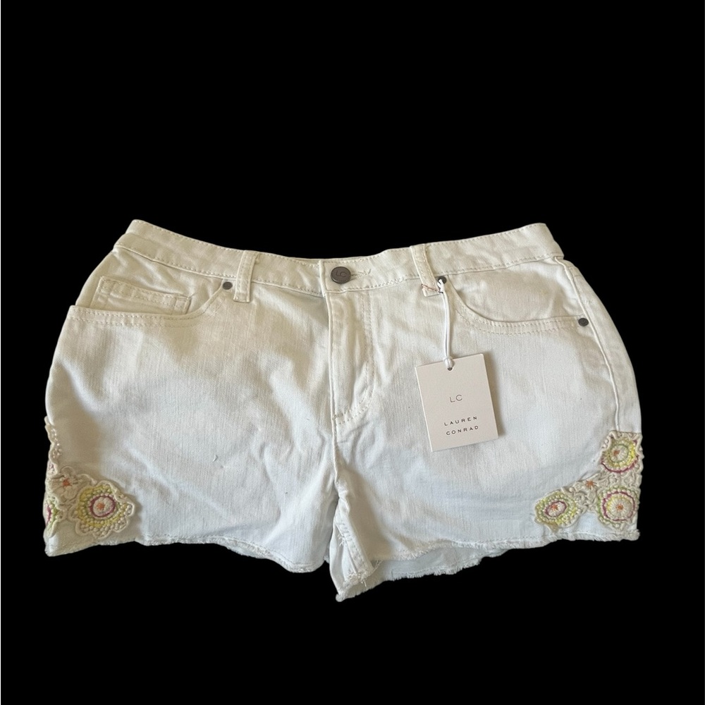 LC Lauren Conrad White Denim Shorts with Floral Hem Embroidery